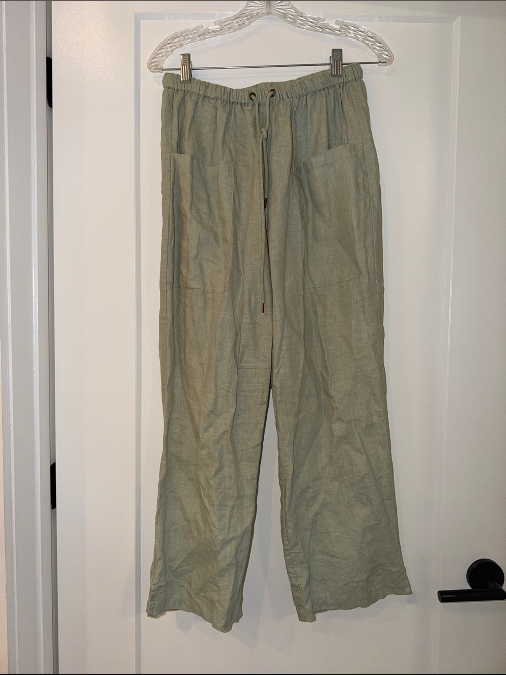 sundays Olive Green Drawstring Linen-Blend Pants